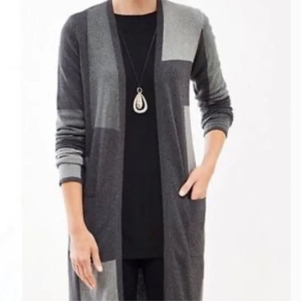 J Jill Cardigan Women's XL Gray Color Block Duster/Sweater Cotton Bamboo‎ Blend